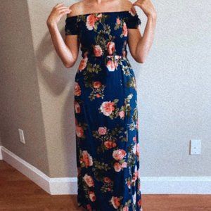 Blue maxi floral off the shoulder dress